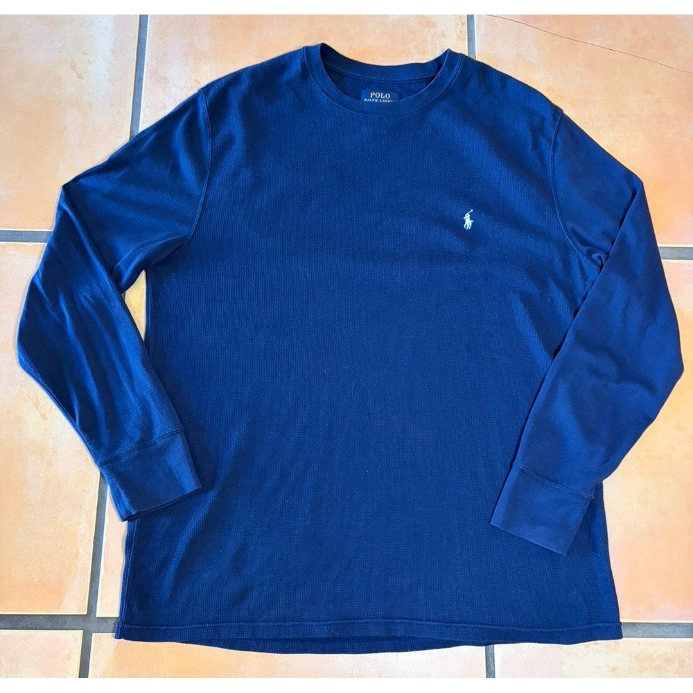 Polo Ralph Lauren Waffle Knit Thermal Mens XL Navy Blue Long Sleeve Logo Shirt
